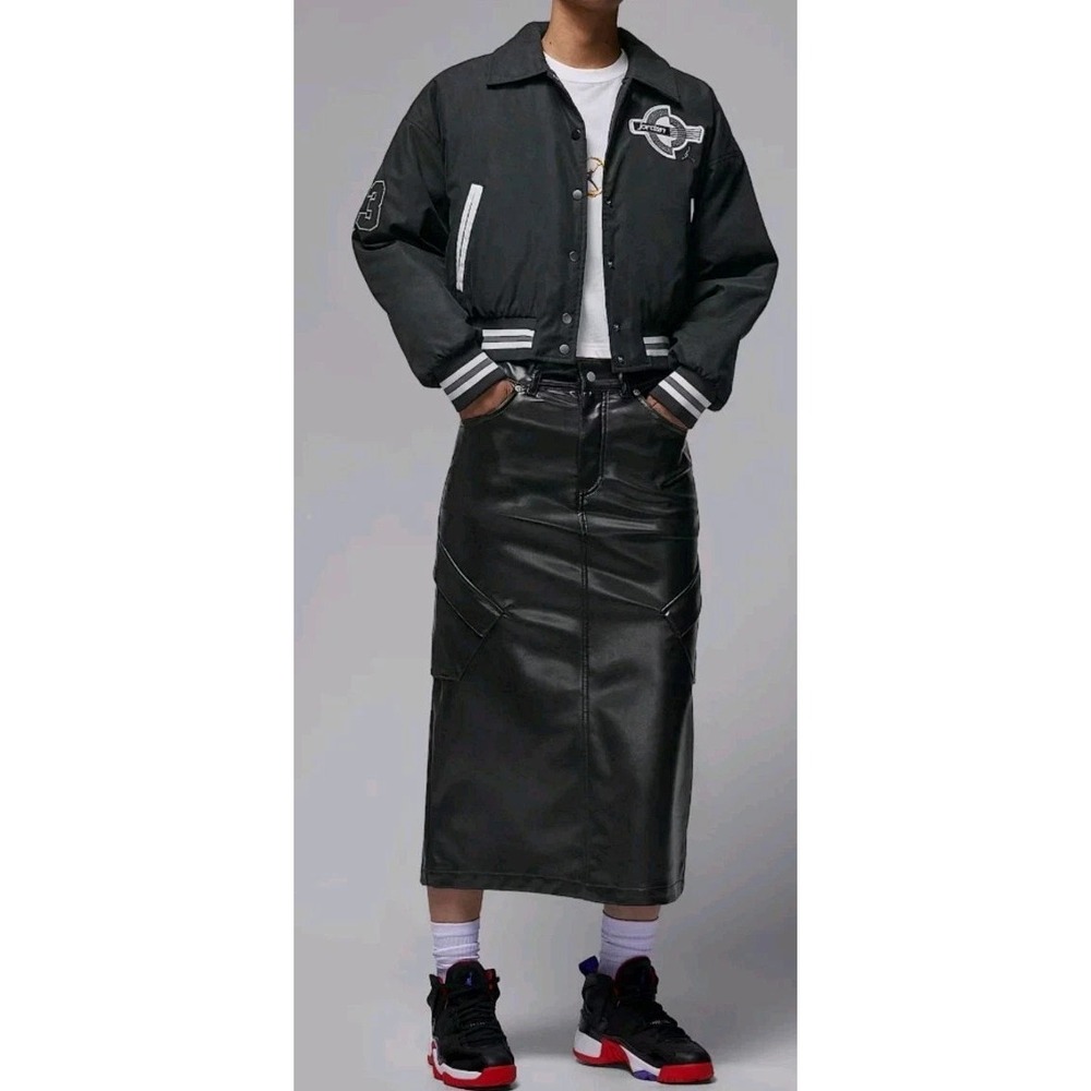 Nike Jordan Flight Chicago Faux Leather Midi Skirt Womens 4‎ Black IO0583 010